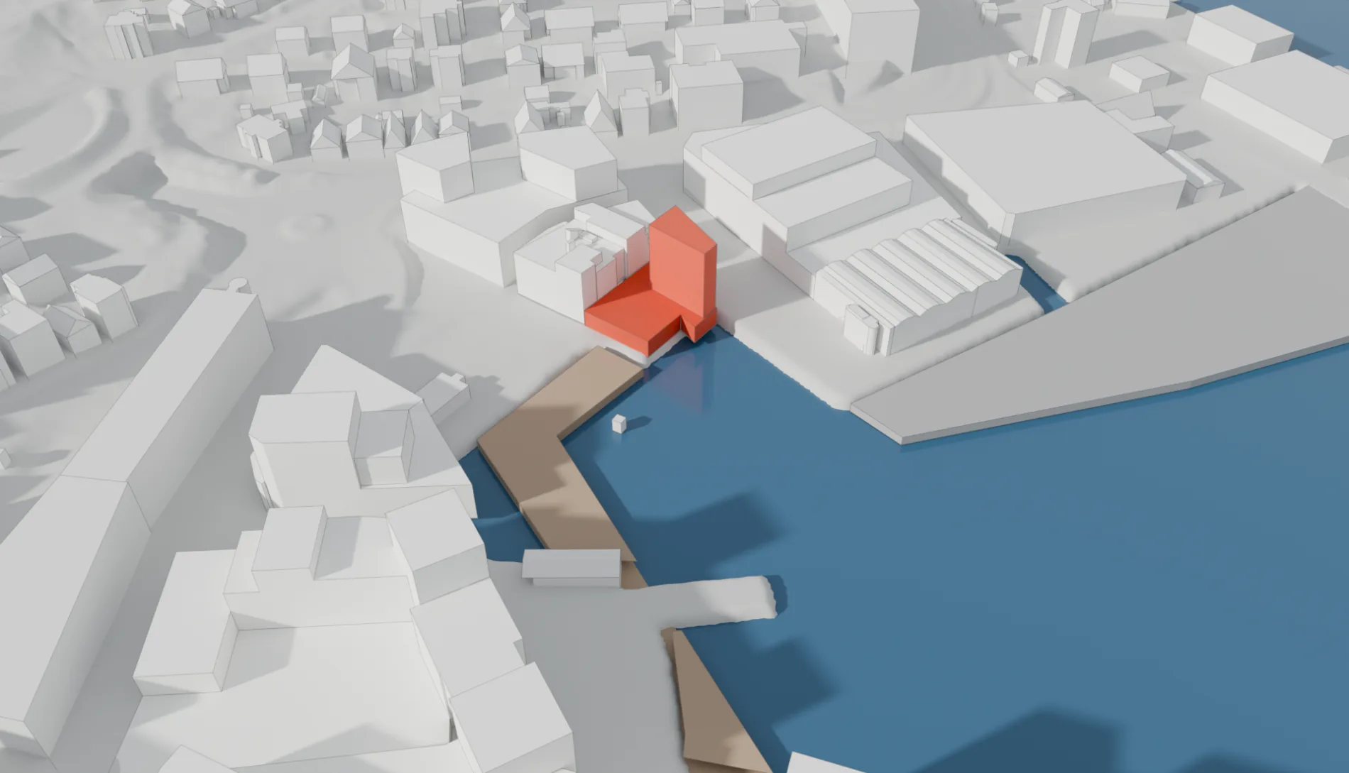 Blender-modellen av tomta og nabolaget i fugleperspektiv