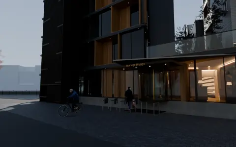Inngangen fra gatetunet med skiltet Bjørvigs Brygge, dag