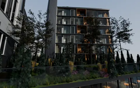 Takhagen på kote 7 med furu og beplantning foran tårnet, dag