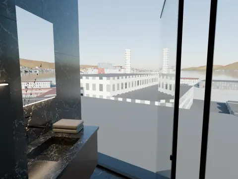 Badet i leilighet E i sort marmor med vindu mot byen i nord, dag