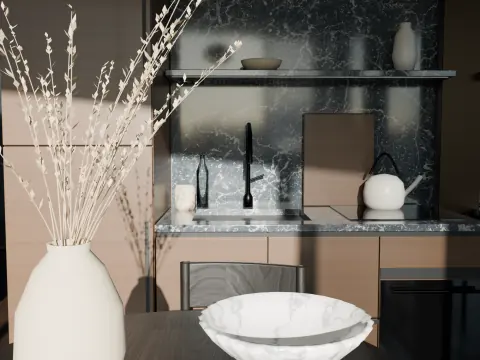 Kjøkkenbenken i leilighet E med marmor og en vase med kvister, dag