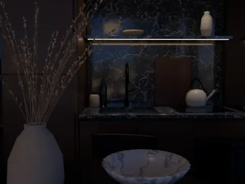 Kjøkkenbenken i leilighet E med marmor og en vase med kvister, skumring