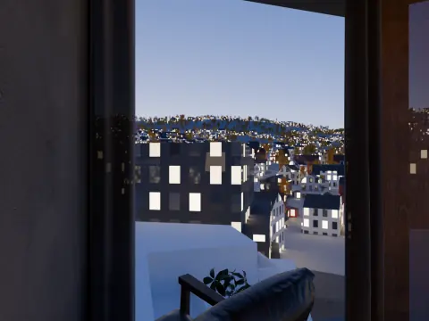 Stua i N-leiligheten med utsikt mot åssiden på Tromsøya, skumring
