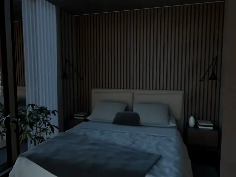 Soverommet i leilighet E med trespiler bak senga, dag