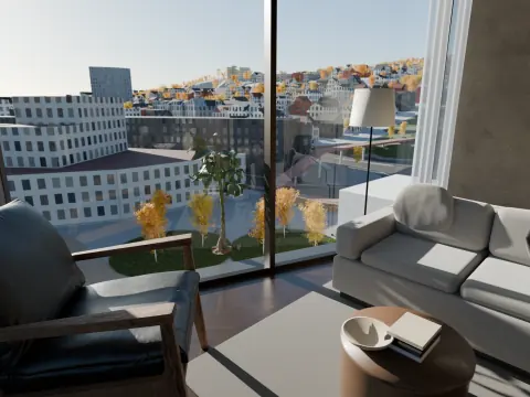 Stua i leilighet E med sofa og utsikt mot kaia og torget, dag