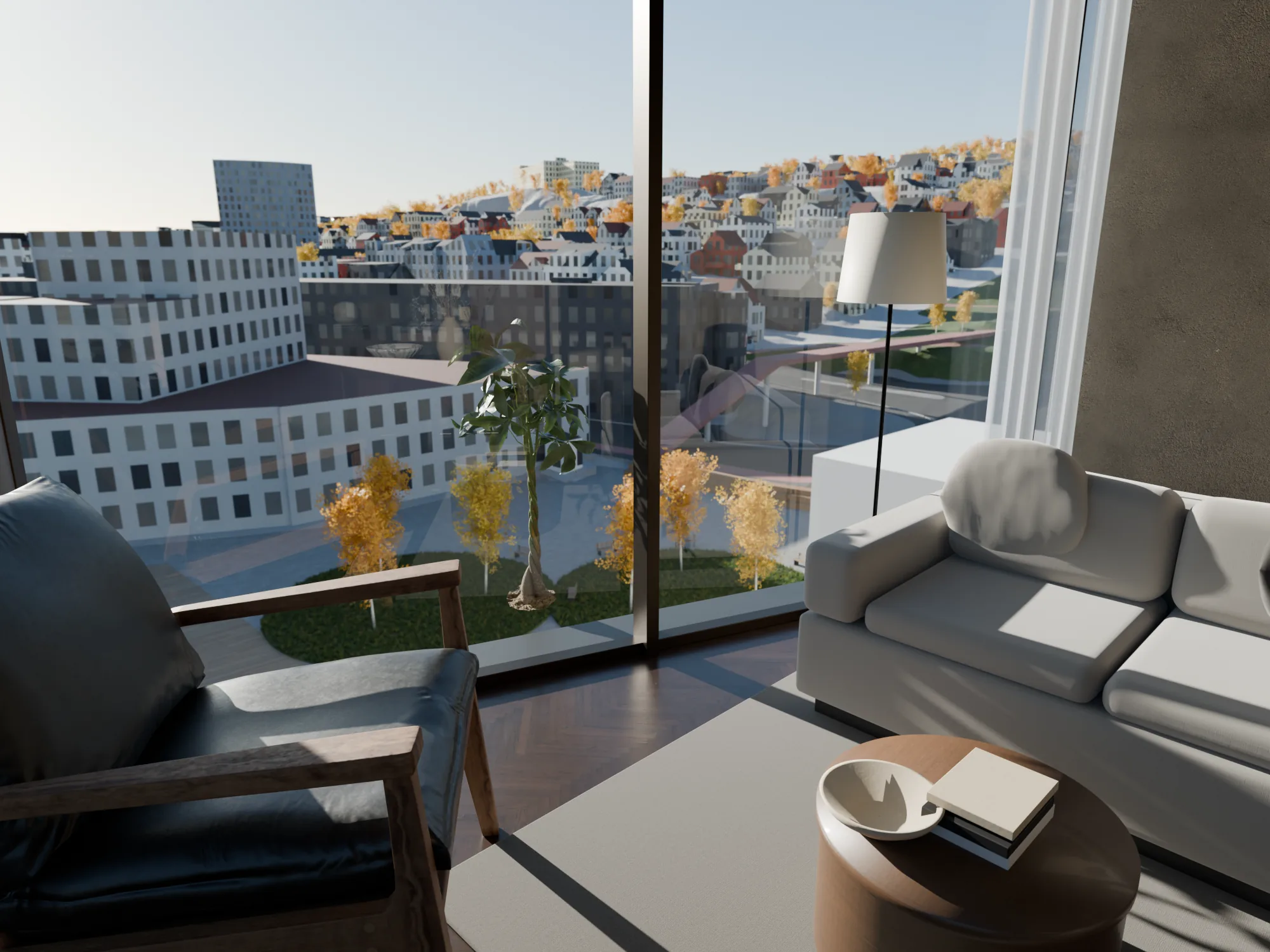 Stua mot sør med utsikt over kai og torg