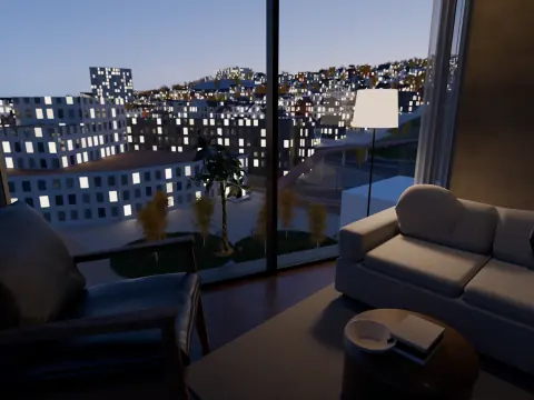 Stua i leilighet E med sofa og utsikt mot kaia og torget, skumring